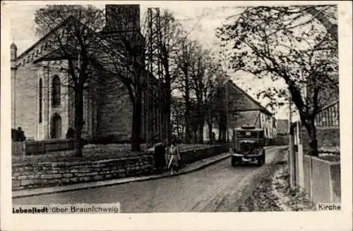 Ak Lebenstedt Salzgitter, Kirche, Straßenpartie, Autobus