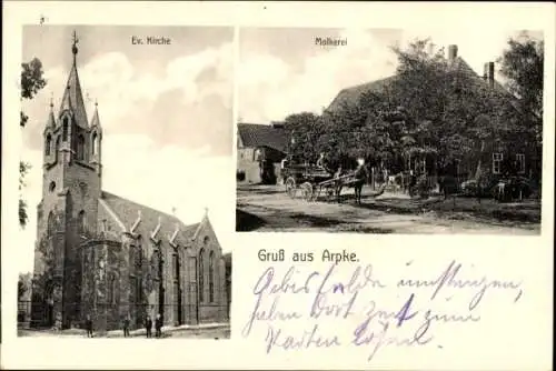 Ak Arpke Lehrte in Niedersachsen, Ev. Kirche, Molkerei