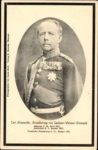 Ak Großherzog Carl Alexander von Sachsen Weimar Eisenach, Portrait, Uniform, Trauerkarte z. Tod 1901