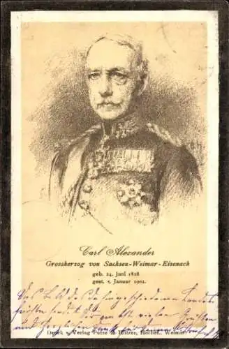 Ak Großherzog Carl Alexander von Sachsen Weimar Eisenach, Portrait, Uniform, Trauerkarte z. Tod 1901