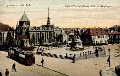 Ak Essen im Ruhrgebiet, Burgplatz, Kaiser Wilhelm Denkmal, Straßenbahn