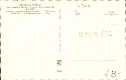 Ak Essen im Ruhrgebiet, Klubhaus Wilmes, Moltkeplatz 34, Kegelbahn