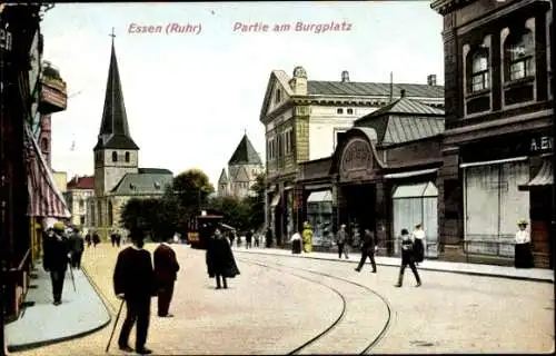 Ak Essen im Ruhrgebiet, Burgplatz, Kirche, Straßenbahn