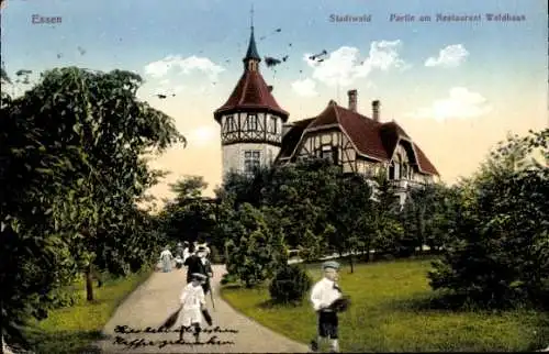 Ak Essen im Ruhrgebiet, Stadtwald, Restaurant Waldhaus, Weg, Kinder