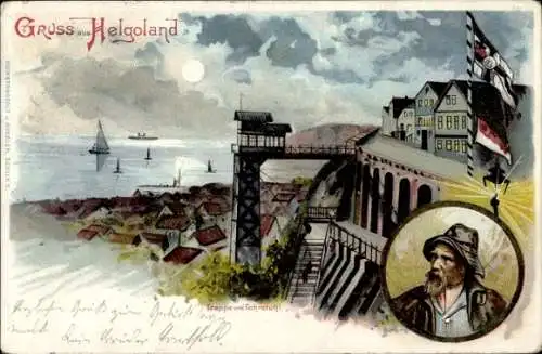 Mondschein Litho Helgoland, Treppe und Fahrstuhl, Mann