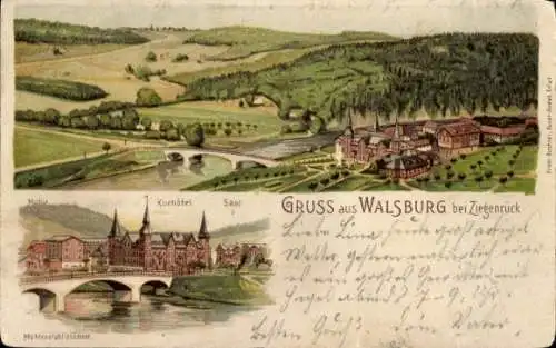 Litho Walsburg Eßbach in Thüringen, Panorama, Kurhotel, Mühlenetablissement