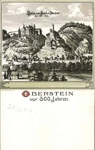 Litho Idar Oberstein an der Nahe, Schloss und Stadtansicht vor 300 Jahren