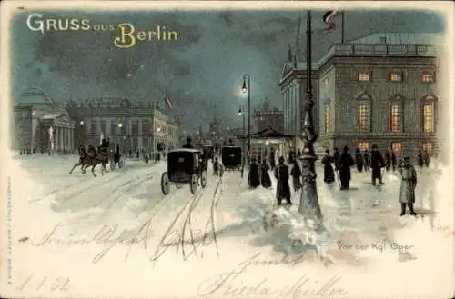 Mondschein Litho Berlin, Kutschen vor der Königlichen Oper, Winter