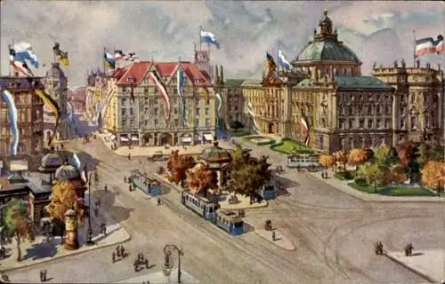 Ak München, Karlsplatz mit Justizpalast, Flaggenschmuck, Tram