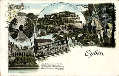 Litho Oybin in Sachsen, Kirche, Dorf, Ruine, Berg Oybin