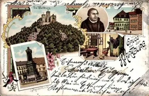 Litho Lutherstadt Eisenach in Thüringen, Wartburg, Lutherdenkmal, Lutherstube