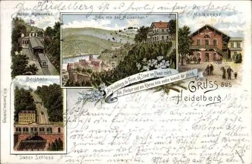 Litho Heidelberg am Neckar, Teilansicht, Molkenkur, Bergbahn, Station Schloss