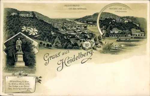 Litho Heidelberg am Neckar, Aussicht von der Terrasse, Schloss von der Hirschgasse, Scheffeldenkmal