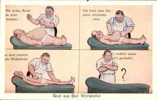 Ak Bad Wörishofen, Übergewichtiger Mann beim Masseur, Ein dicker Bauch ist nicht bequem...