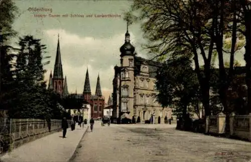 Ak Oldenburg in Oldenburg, Innerer Damm mit Schloss und Lambertibrücke, Kutsche