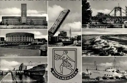 Ak Wilhelmshaven an der Nordsee, Wappen, Hafeneinfahrt, Rathaus, Kaiser-Wilhelm-Brücke, Strandhalle