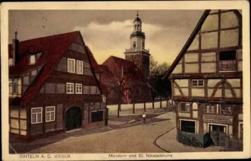 Ak Rinteln an der Weser, Museum, St. Nikolaikirche, Fachwerkhäuser