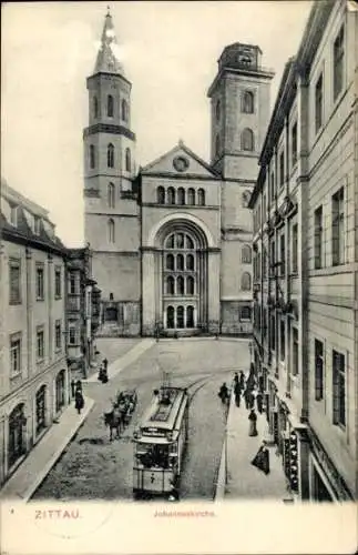 Ak Zittau in Sachsen, Johanneskirche, Straßenbahn