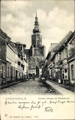 Ak Hansestadt Greifswald, Hunnenstraße mit Nikolaikirche