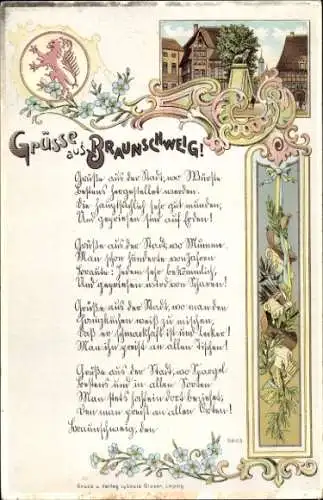 Litho Braunschweig in Niedersachsen, Teilansicht, Wappen, Grüße