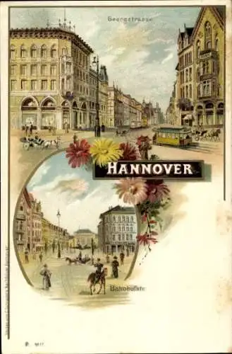 Litho Hannover, Georgstraße, Bahnhofstraße, G. C. Schraders Nachfolger, Straßenbahn, Kutsche, Blume