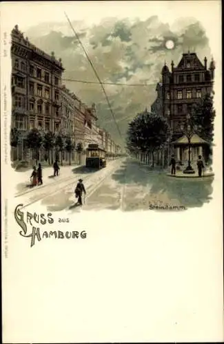 Mondschein Litho Hamburg Mitte St. Georg, Steindamm, Straßenbahn