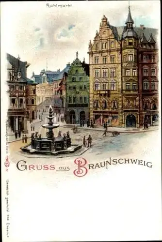 Litho Braunschweig in Niedersachsen, Kohlmarkt, Brunnen