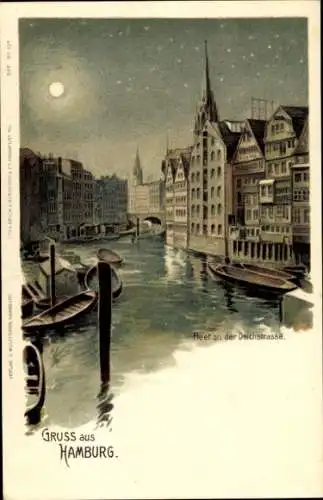 Litho Hamburg Mitte Altstadt, Fleet an der Deichstraße bei Mondenschein, Nachtszene