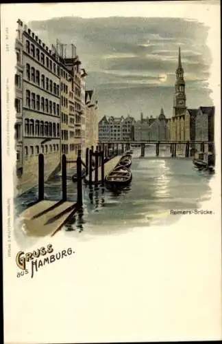 Litho Hamburg Mitte Altstadt, Reimers Brücke, Mondschein