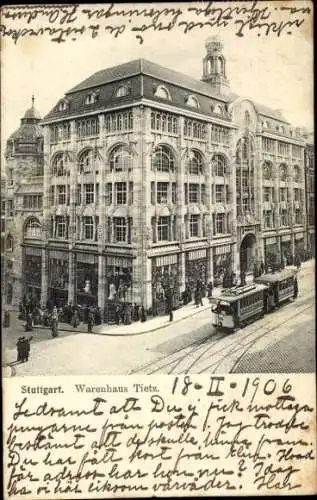 Ak Stuttgart in Württemberg, Warenhaus Tietz, Straßenbahn Linie 1