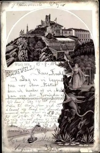 Litho Königswinter am Rhein, Drachenfels, Drache, Hotel