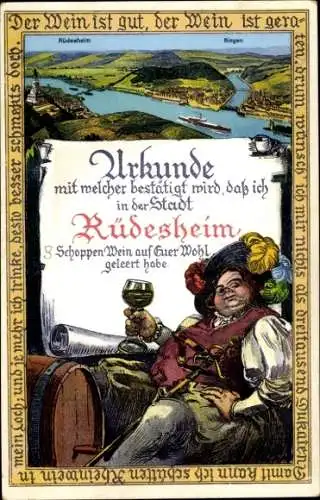 Passepartout Ak Rüdesheim am Rhein, Panorama, Urkunde, Mann trinkt Wein, Drachenfels