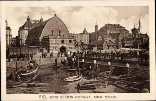 Ak Kiel, Hafen, Fischhalle, königliches Schloss, Personen