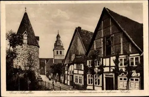 Ak Bad Salzuflen Nordrhein Westfalen, Turmstraße mit Katzenturm und reformierter Kirche