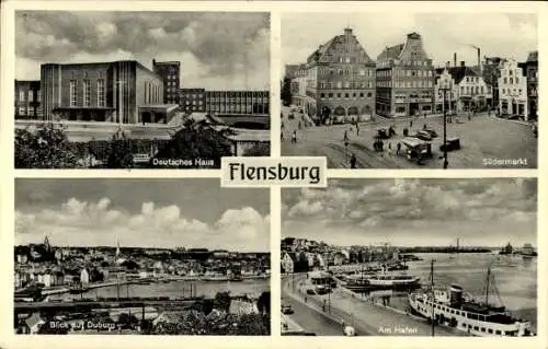 Ak Flensburg in Schleswig Holstein, Deutsches Haus, Südermarkt, Duburg, Hafen