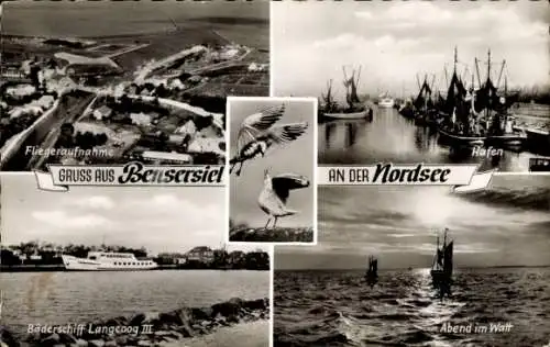 Ak Bensersiel Esens in Ostfriesland, Luftbild, Hafen, Bäderschiff Langeoog III, Abend im Watt, Möwen