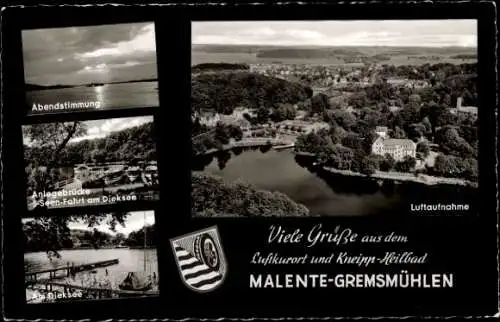 Ak Gremsmühlen Malente in Ostholstein, Wappen, Luftbild, Panorama, Diecksee, Anlegebrücke,