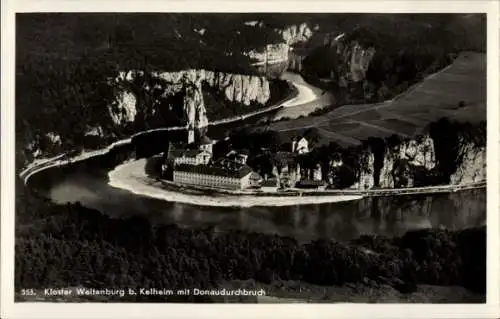 Ak Kelheim an der Donau Niederbayern, Kloster Weltenburg, Donaudurchbruch, Fliegeraufnahme