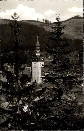 Ak Lautenthal Langelsheim im Oberharz, Teilansicht, Kirchturm