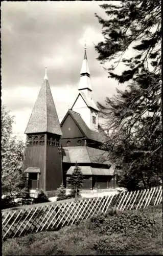 Ak Hahnenklee Bockswiese Goslar im Harz, Gustav-Adolf-Kirche, Nordische Stabkirche