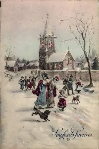 Künstler Ak Personen und Hunde auf einem verschneiten Weg, Kirche