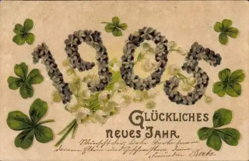 Präge Litho Glückwunsch Neujahr 1905, Glücksklee, Maiglöckchen