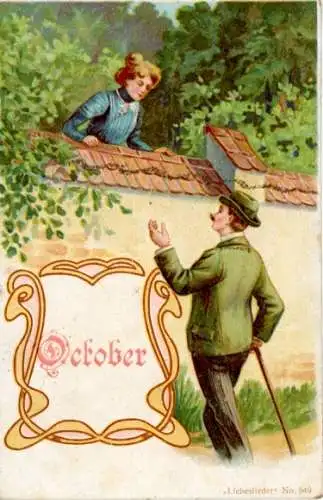 Litho Allegorie, Oktober, Liebespaar an einer Mauer