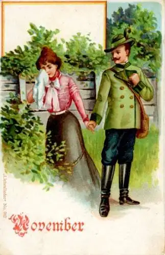 Ak Allegorie, November, Wenn zwei von einander scheiden, weinende Frau, Jäger