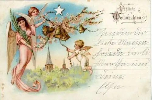 Glitzer Litho Glückwunsch Weihnachten, Engel und Glocken, Palmzweig