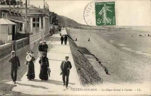 Ak Villers sur Mer Calvados, La Digue devant le Casino, Strand