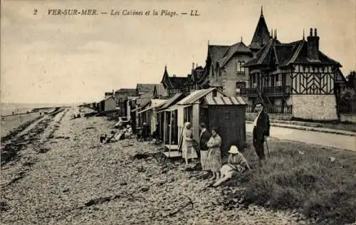 Ak Ver sur Mer Calvados, Strand, Badekabinen