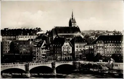 Ak Basel Stadt Schweiz, Mittlere Rheinbrücke, Martinskirche