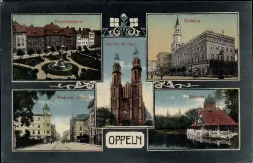 Ak Opole Oppeln Schlesien, Kirche, Rathaus, Eishaus, Friedrichsplatz