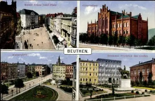 Ak Bytom Beuthen Oberschlesien, Gymnasium, Denkmal, Kaiserplatz